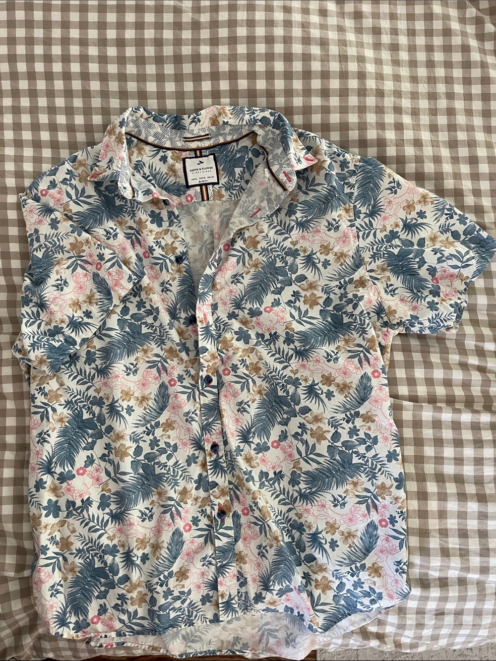 Denim & Flower Short-Sleeve Floral Button-Down in Blue, Pink & Tan